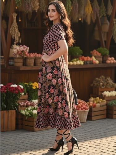 Image of Women's Floral Print Maxi Dress, Black with Pink Flowers, Short Sleeve, A-Line Style