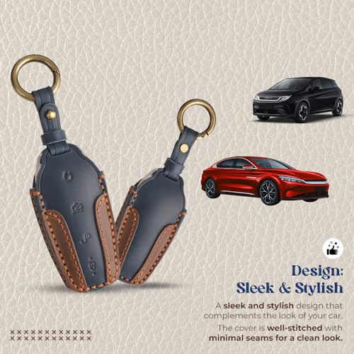 Image of Keyzone dual leather key cover compatible for BYD Seal, Atto3 4 button smart key (BlueBrown)