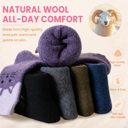 Image of Velice Wool Socks for Women Merino Wool Boot Hiking Thick Thermal Warm Winter Crew Cushion Cozy Work Socks 5 Pairs