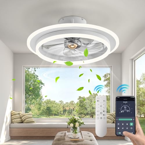 POWPOL Ceiling Fans with Lights and Remote,Reversible Modern Flush Mount Low Profile Ceiling Fan Dimmable LED 6 Speeds 50CM Timing Ceiling Fan Light for Bedroom