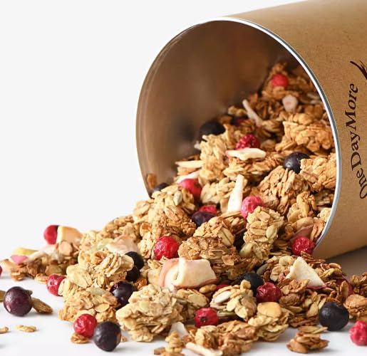 Granola XL-Set, Schoko-Granola mit Himbeeren, Früchte-Granola und dreifach Schokoladig, Reich an Ballaststoffen, Dose, 6 x 450g, 3 x 500g OneDayMore