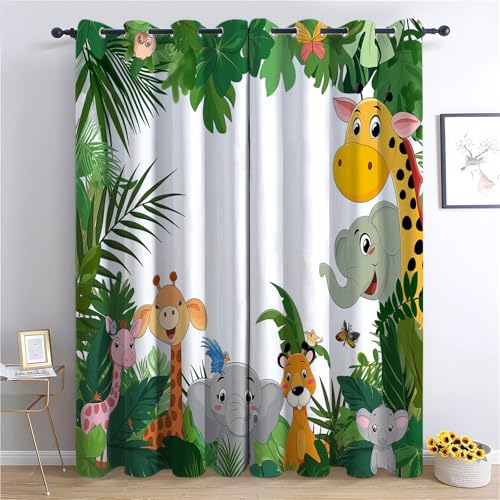 Cortinas Opacas para Niños, Plantas de la Selva Lindos Animales Verdes,Térmicas Aislantes Frío y Calor, Reducción de Ruido, Protección de Intimidad, 234 x 183 cm para Hogar y Dormitorio Infantil