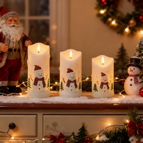 Image of Wondise Christmas Snowman Flameless Candles, Real Wax Battery Operated with Remote Timer, Glitter White Snowman LED 3D Wick Flickering Pillar Candles for Christmas Decor
