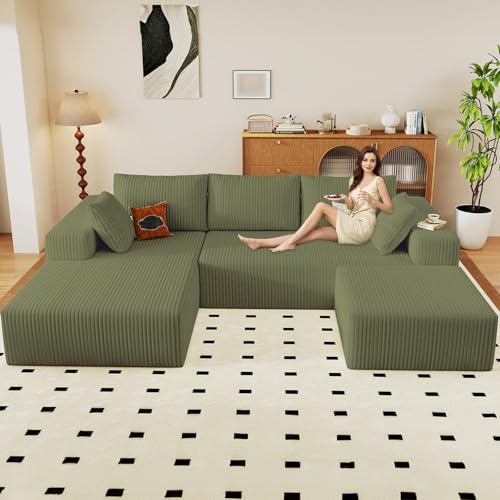 Image of 96 inch U-Shape Cloud Couch, Modern Modular Sectional L-Shape Sofa with Ottoman, Corduroy Upholstered Couches Deep Seat Sleeper Chaise Longue for Living Room, No Assembly Required(Green, Left Facing)