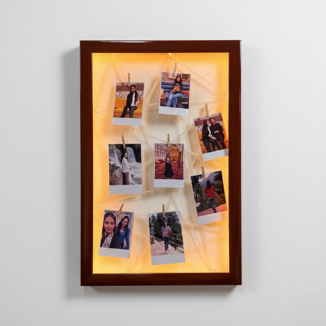 String LED Lighted Photo Display Frame with Clips 30x45.5 cm | Warm LED Backlight, Wooden Frame, Wall Mountable, Holds 8 Photos, String & Clip Design-image-5