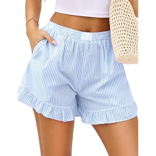 Marvmys Womens Boxer Shorts Cotton Pajama Bottoms Summer Gingham Ruffle/Lace Shorts Casual Y2K Beach Shorts S-2XL Medium Ruffle - Lignt Blue Stripe
