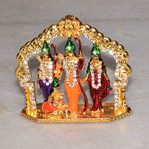 RUDRADIVINE Rudra Divine Brass 24 K Gold Plated with Stones Hindu God Shri Ram Darbar Statue Lord Rama Sita Laxman and Hanuman Darbaar Idol Handicraft Spiritual Puja Vastu Showpiece Figurine