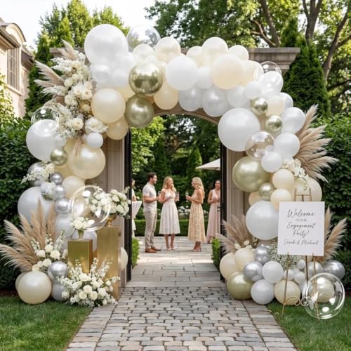 Image of White Balloon Arch Double Stuffed Sand White Gold Pearl Bobo Balloons Light Gold Silver Latex Balloon Garland for Birthday Wedding Baby Shower Bridal Shower Baptism Party Decor