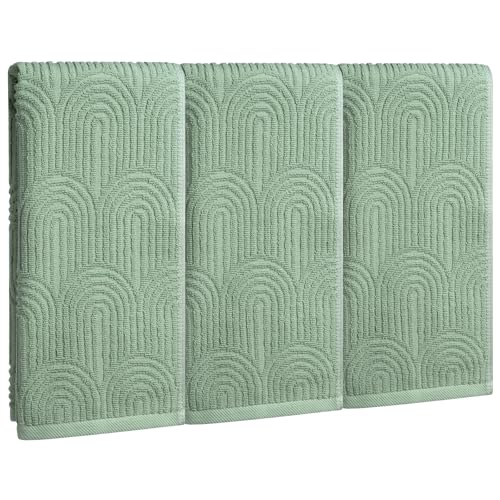VELANORIQUE 3pcs Sage Green Hand Towels for Bath 100% Cotton Boho 3D Arched Stripes Decorative Towel Set for Home Bathroom Kitchen Decor Gift 13.8x29.5 Inch
