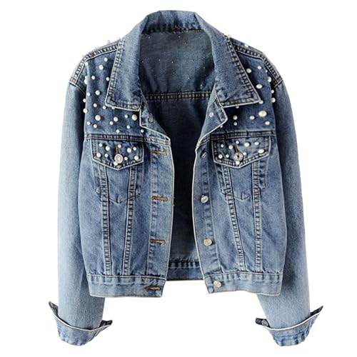Women Oversized Denim Jacket Embroidered Pearls Beading Jeans Coat Jean Jacket Women 2025 Y2K Trendy Clothes