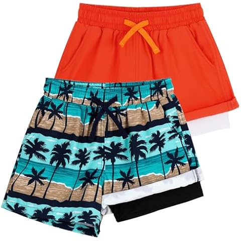 KAKU NANU Boys Swim Trunks Compression Liner Bathing Swimsuit Quick Dry Boxer Brief Beach Board Shorts with Pockets 5-6 Years (Orange & Blue) Cover