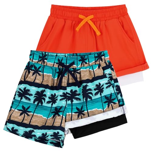 KAKU NANU Traje de baño para niños, con forro de compresión, de secado rápido, pantalones cortos de playa con bolsillos, 2-14 años, Anaranjado + azul (Orange + Blue), 14