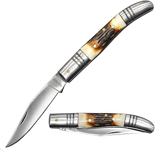 4" Bovine Bone Handle Folding Pocket Knife, Classic Knife, for Outdoor, Survival, EDC, Camping, and Every Day Carry (Triple Stripe) - Rtek