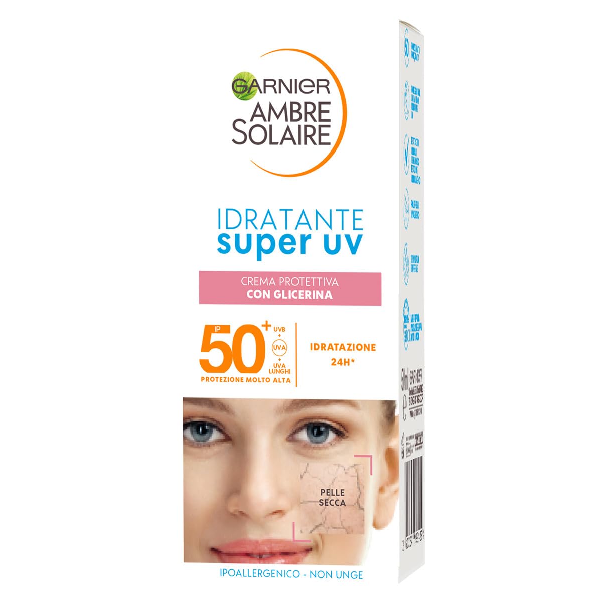 Garnier Crema Viso Protettiva Idratante Super UV, Per Pelli Secche, Protezione SPF 50+, Ad Assorbimento Rapido, Con Glicerina, Ambre Solaire, 50 ml