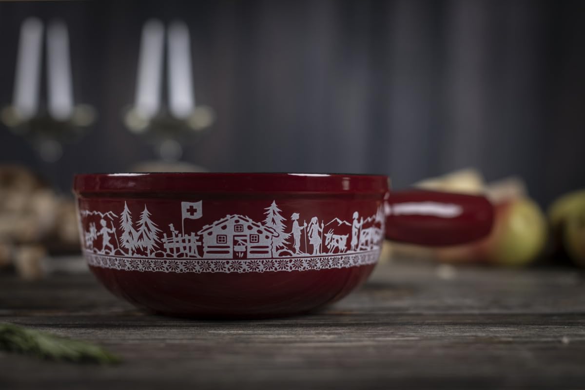 KUHN RIKON Caquelon Inductie vlaggenzwinger 23 cm, kaasfondue van klei, wit, rood
