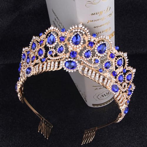 Couronne de mariée baroque dorée en strass bleus d'exception - 6