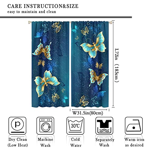 Butterfly Curtain for Girls Bedroom Decor,Blue Irises Yellow Daisies Floral Background Print Window Drapes for Kids Living Room Kitchen Decor Blackout Draperies for Bedroom Window 63x72in