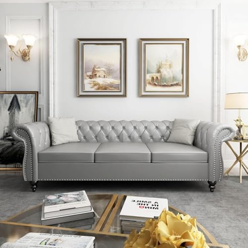 RUSTYER Chesterfield 3 Seater Sofa, Modern Leather Tufted Couch 3