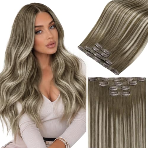Image of LaaVoo Seamless Clip in Hair Extensions Real Human Hair Ombre PU Weft Human Hair Clip in Extensions Balayage Chestnut Brown Mix Platinum Blonde Seamless Hair Extensions Clip ins 18 Inch 4PCS 95g