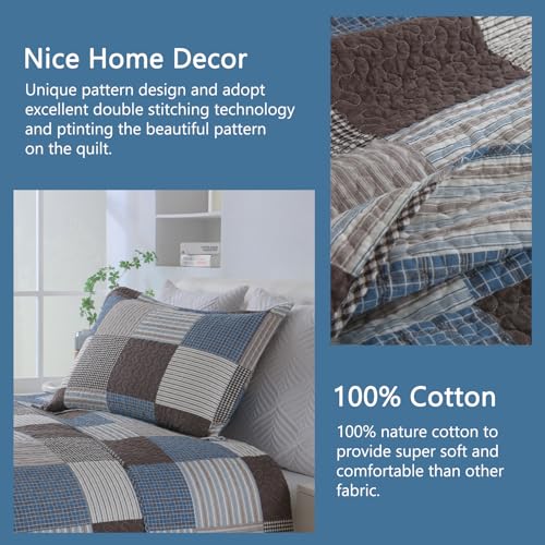 Image of Finlonte Quilt King Size - 100% Cotton Plaid King Size Comforter Set Farmhouse Modern Quilt Bedding Set, Reversible Lightweight Soft Bedspread, Blue Brown Quilted Coverlet All-Season, 3-Piece
