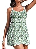 Aleumdr Women's One Piece Swimdress Vintage Swimsuit with Floral Printed Tummy Control Bathing Suits Push Up Swim Dresses with Pocket Green Large