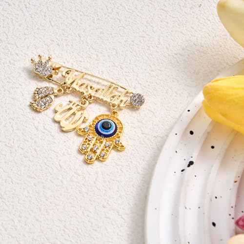 Image of SANDOO AYATUL KURSI Allah Pin - Turkish Evil Eye Pin,Crown Hand Protection Blessing Brooch Amulet with Rhinestone, Muslim Gifts Islamic Jewelry for Women Girls Baby