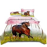 lris Bedding Horse Comforter Set Cherry Blossom Bedding Set for Kids Boys Girls Teens Galloping Hors