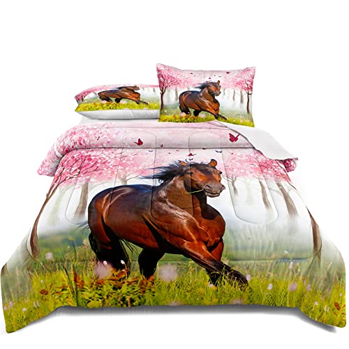 Lris Bedding Horse Comforter Set Cherry Blossom Bedding Set For Kids Boys Girls Teens Galloping Horse Comforter King Size Wild Animal Home Decor 1 Comforter 2 Pillowcase(Horse01,King) #TOP7