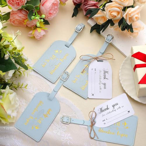 Sweetude 48 Sets Leather Luggage Tag Bulk and So The Adventure Begins Luggage Tags with Name Card for Wedding Bridal Shower Bachelorette Honeymoon Travel Graduation Gifts(Haze Blue)4
