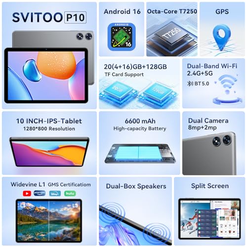 Image of SVITOO Android Tablet 10 Inch, 20GB RAM 128GB ROM Expandable WiFi 6 Gray | Android 16 Tablet, 10 Inch Tablet Octa-Core, HD IPS Display, 1TB Expandable, GPS, Parental Controls, Magnetic Case
