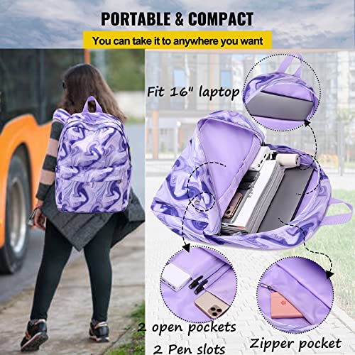 Jumpopack 3 Pcs Girls Backpack Lightweight Waterproof Girls Backpack With Lunch Box 16Inch Laptop Sleeve Backpack For Teen Girls School Backpack School Bag Bookbag (Marble Purple) #TOP3