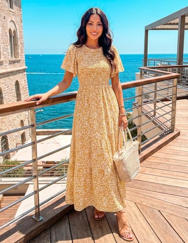 Image of ZESICA Women's 2026 Summer Boho Floral Maxi Dresses Casual Short Flutter Sleeve Smocked Tiered Flowy Dress