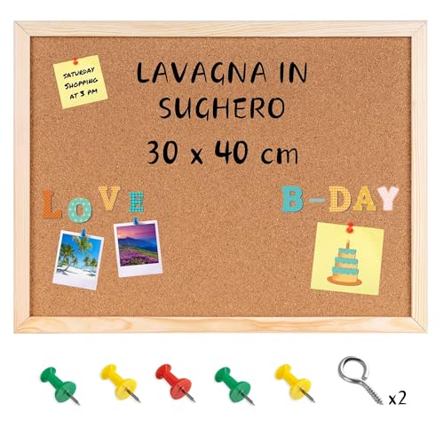 PANNELLO BACHECA DA PARETE IN SUGHERO CORNICE LEGNO 60X40 CM 6 PUNTINE - Foto 4