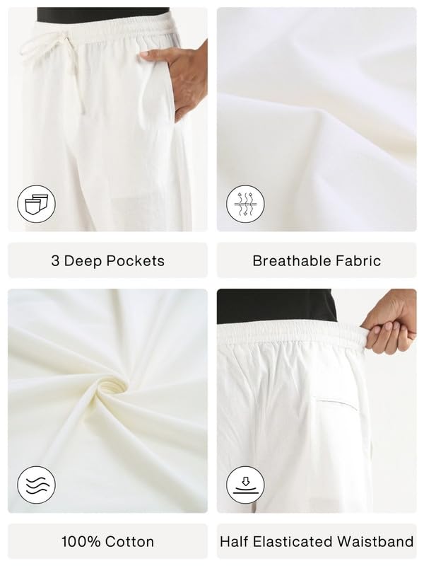 Image of SAADAA Men's 100% Cotton Pants | Mid-Rise Straight Fit Casual Trousers with Elastic Waistband and 3 Pockets | Everyday Wear