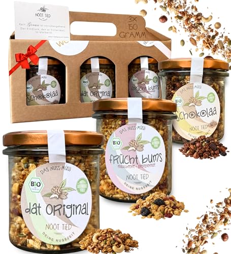Nööt Tied - BIO Müsli Probier Set ohne Zucker | 3x Knuspriges Proteinmüsli mit Nüssen & Saaten | Getreidefreies Low Carb Knuspermüsli | Premium Muesli | Protein Granola aus Deutschland (3x150 g)