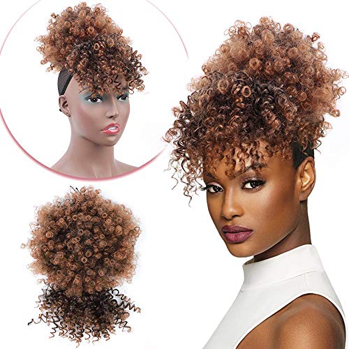 Afro High Puff with Bangs Synthetic Drawstring Ponytail Kinky Curly Bangs Short Afro Kinky Curly Pony Tail Clip in on Wrap Updo Hair Extensions for Women