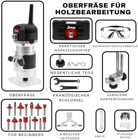Bild 4 - DELPHI Holzfräse Oberfräse Electric Hand Holz Fräsmaschine mit Koffer - 12 Set Zubehör 800 W 330000 R/min 6,35 mm - Wood Router Kantenfräse Handpalmenfräser für die Holzbearbeitung