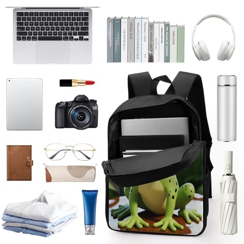 Unique Artistic 17" Durable Polyester Backpack Cute Frog Printed - Large Anti-Wrinkle Carryall with Adjustable Straps & Side Pockets3