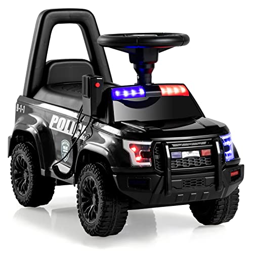 Image of OLAKIDS Ride On Push Police Car, Toddler Foot-to-Floor Sliding Toy with Siren, Steering Wheel, Megaphone, Horn, Headlights, Under Seat Storage, Kids Racer Walking Gift for Boys Girls 1-3 (Black)