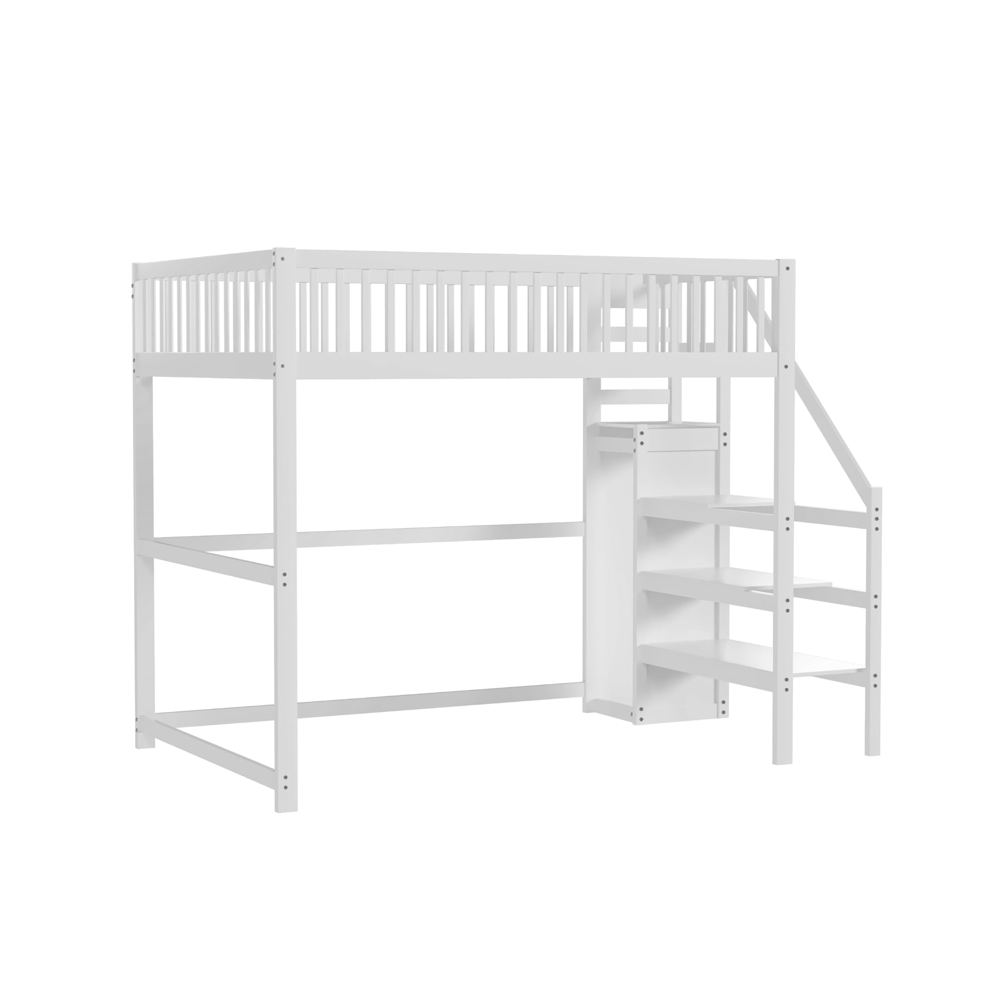 Azkoeesy Cama Alta Juvenil 140x200 cm en Madera de Pino Blanca, Escala Integrada Ahorra Espacio, Armario, Barandilla de Seguridad y Somier, para Niños y Adolescentes