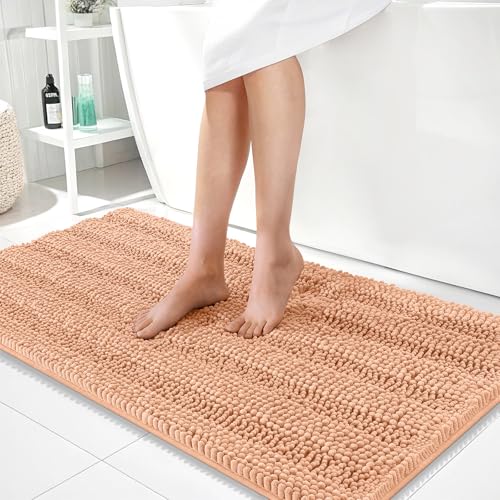 Image of OLANLY Thick Bathroom Runner Rugs 44x24, Extra Absorbent Chenille Striped Bath Rugs, Rubber Backing, Machine Wash Dry, Long Bath Mats for Bathroom Floor, Tub and Shower, Home Decor Accessories, Peach
