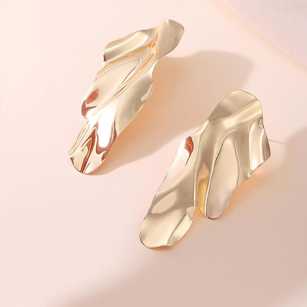 14K Gold Hammered Large Metal Earrings Statement for Women, Simple Silver Big Irregular Geometric Stud Earring Punk Party Minimalist Jewelry Gifts - Image 7