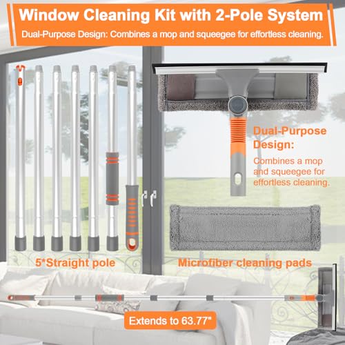 Professioneller Teleskop Fensterwischer,2-in-1 Fenster- & Duschwischer mit 162 cm Teleskopstange, Fensterabzieher mit Teleskopstange für Innen & Außen,Streifenfreie Glasreinigung