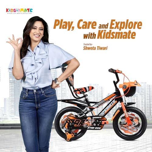 Image of Kidsmate Star Ride 14T Kids Bicycle with Training Wheels | Cycle for Kids Featuring Front Basket, Adjustable Seat & Strong Steel Frame | Perfect First Ride Kids Cycle for 2-5 Years - Neon Orange