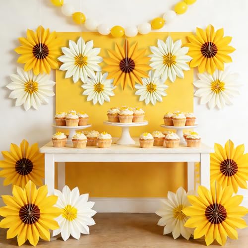 Image of PAPER JAZZ Sunflower Party Decorations Sunflower Bithday Paper Fans Bulletin Board Decor, Yellow Tissue Flowers Wall Decorations Hanging Sun Flower Theme Party Supplies Baby Shower.