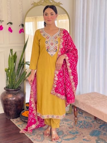 Image of Women Fabulous Mustard Kurta Ensemble with Bandhani Embroidered Dupatta Festive Ethnic Set