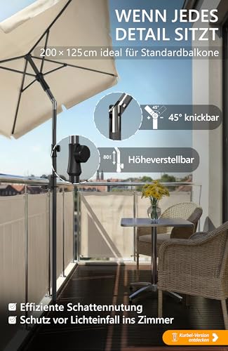 4smile Sonnenschirm Balkon 200 × 125 cm, Sonnenschirm rechteckig mit UPF 50+, 45° knickbar & höhenverstellbar, Balkonschirm inkl. Sonnenschirmhülle, Sonnenschutz Balkon in Beige 3