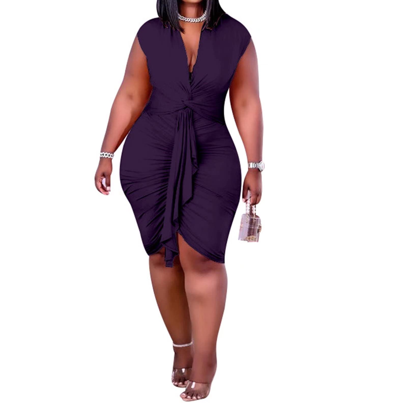 IyMoo Women's Sexy Plus Size Bodycon Drawstring Ruched Mini Club Dress