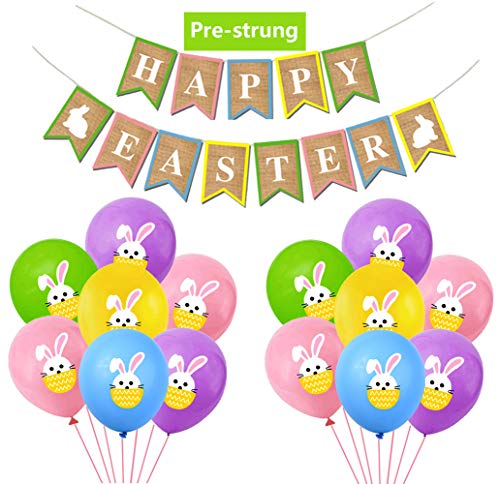 KEFAN Bannière de Pâques et Ballons Ensemble Jute Toile de Jute Bannière de Joyeuses Pâques et Assortiment de Ballons de Lapin de Pâques(A)