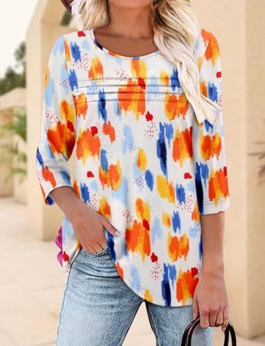 KISSMODA Women's Casual 3/4 Sleeve T-Shirts Round Neck Cute Tunic Tops Basic/Pleated Summer Tops Trendy Spring Blouses